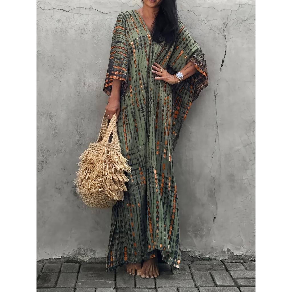 Plus Size Boho Cover Up, Women's Plus Striped Batwing Sleeve V Neck Split Maxi Kaftan Cover Up Dress