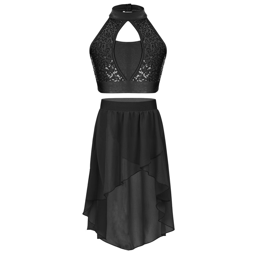 Kids Two Piece Performance Costume Sequin Crop Top Hollow Front Keyhole Back Irregular Chiffon Skirt Dance Outfit Set