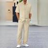 Men's Casual Commuter Button-down Shirt Loose Beach Suit Solid Color Striped Short-sleeved Trousers Two-piece