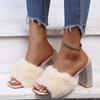Thick Heel Pink Fuzzy Slippers for Women Silver Rhinestone High Heel Sandals Sexy Ladies Party Shoes