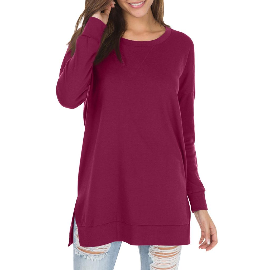 Women's Fall Long Sleeve Side Split Loose Blouses Casual Pullover Tunic Tops