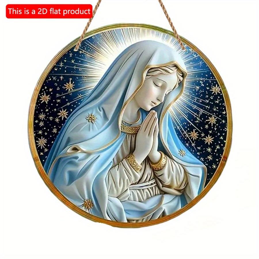 1pc 2d Flat Wood Christian Religion Mary Suncatcher, Translucent Stained Window Hanging, Round Wooden Sign- 20cm Porch, Wall, Home, Room, Cafe Holiday