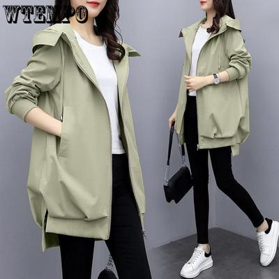 Хаки свободная повседневная ветровка с капюшоном для женщин средней длины черная темпераментная куртка корейская куртка