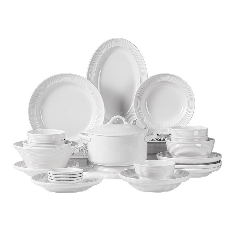 Ribbed Underglaze White Ceramic Tableware Set: Includes Plates, Chopsticks, Soup, Noodle, and Rice Bowls
