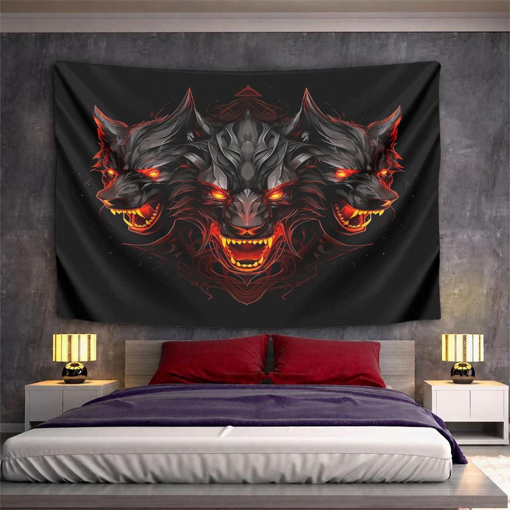 "Triple-Headed Fiery Wolf Design" Pattern Wall Hanging Tapestry Decorative Tapestry Home Decor for Bedroom and Living Room