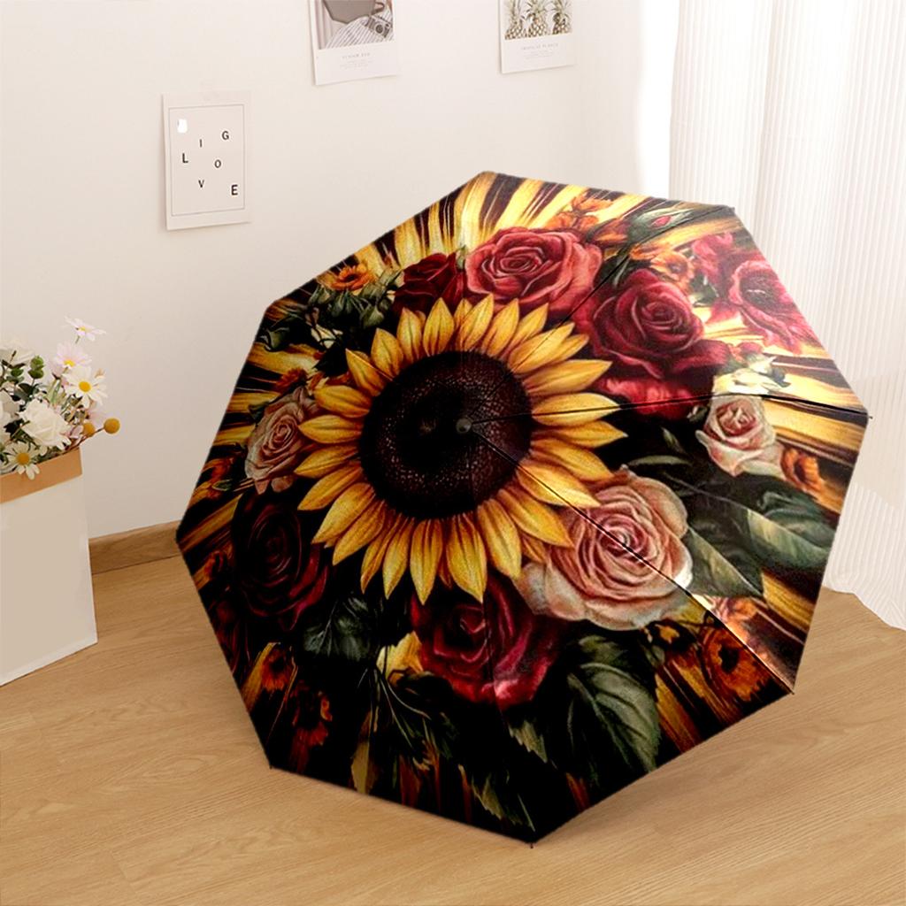Sunflower And Floral Round Rug Vibrant Garden Design Portable Automatic Umbrella With Elegant Collapsible With 8Rib Durable Plastic Iron For Outdoor
