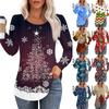 Women's Casual Top Christmas Printed Round Neck Long Sleeved Pleated T-shirt