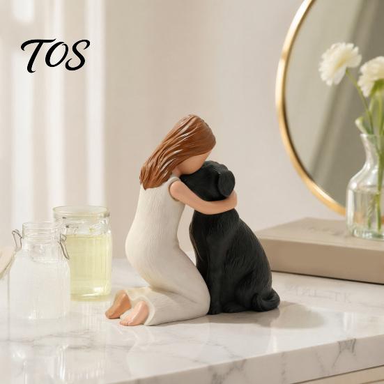 Dog Lover Gifts Girl Hugging Resin Figurine, Hand-Painted Pet Companion Sculpture, Brown Black Healing Animal Sculpture Desktop Ornament, Remembrance