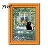 Vintage Frame Refrigerator Decor Oil Painting Cat Magnet, Wooden Black Metal Doors Decorative Magnets Theme Retro Rectangle Magnetic Decoration Photo