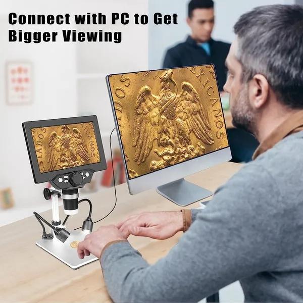 7-дюймовый цифровой USB-микроскоп с ЖК-дисплеем, увеличение 1200X, портативная камера 12MP 1080P, видеорегистратор, вид с ПК