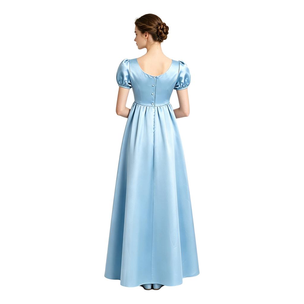 Womens Retro Regency Maxi Dress Square Neck Faux Pearls Decor Puff Sleeve Satin Long Dress