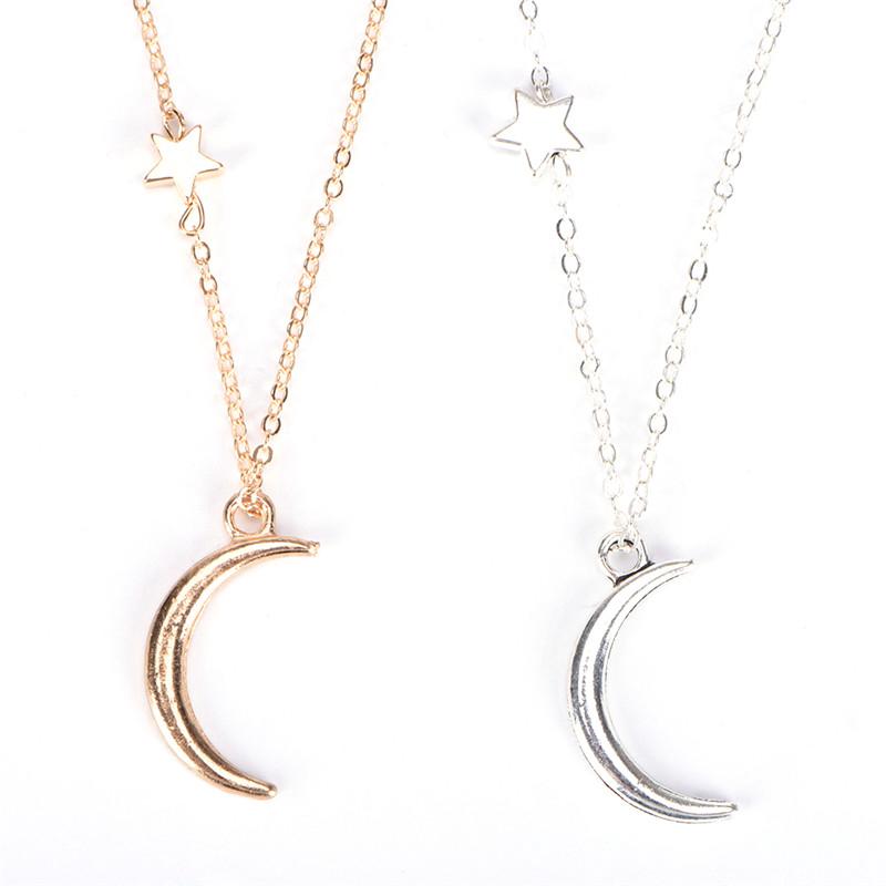 Moon Star Pendant Necklace Neck Chain Necklace Gold And Silver Long Chain Women'S Jewelry