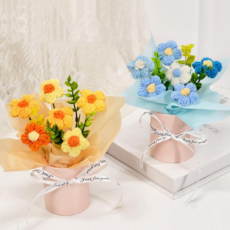 Valentine'S Day Mini Bouquet Artificial Rose Flowers Handmade Crochet Flower Bouquet Christmas Wedding Party Gifts Home Decor