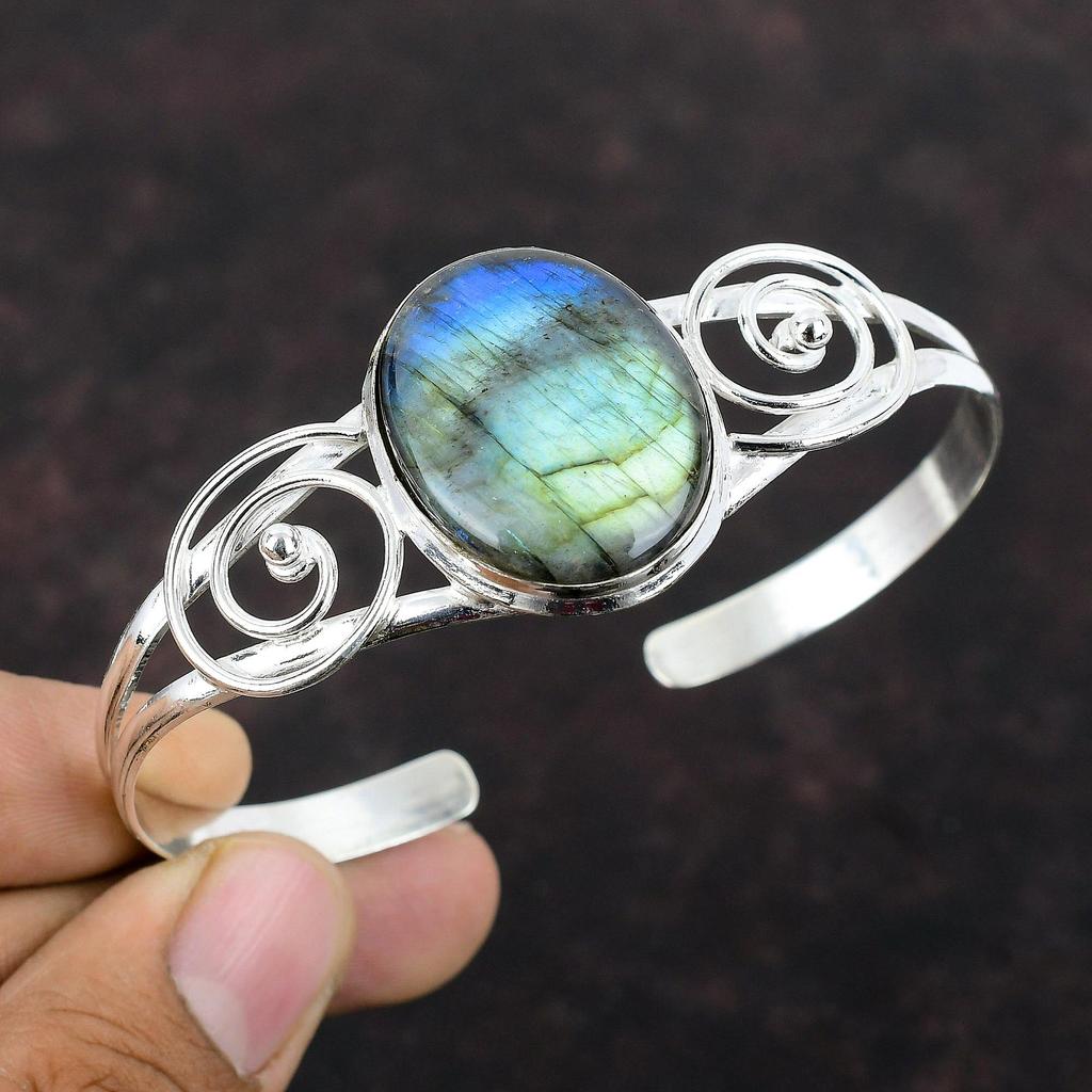 Labradorite Bangle Top Quality Gemstone Jewelry 925 Sterling Silver Cuff Bracelet Adjustable Bangle Handmade Stylish Jewelry Gift For Mother