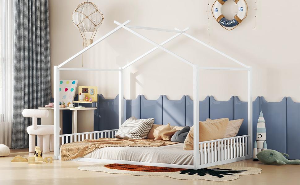 Upholstered Bed, 140 x 200cm, Without Mattress, Iron Frame Bed, Children's Bed, House Strip, White
