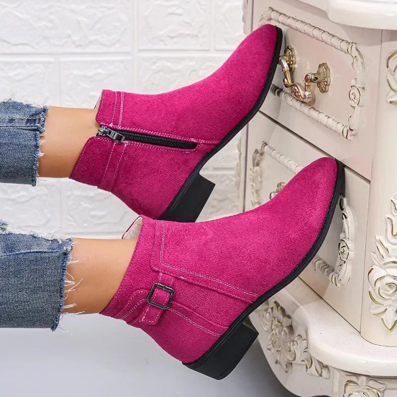 2024 Hot-selling Women's Single Boots New Style Medium Heel Pointed Toe Buckle Fashion Boots Fashionable Temperament Short Boots