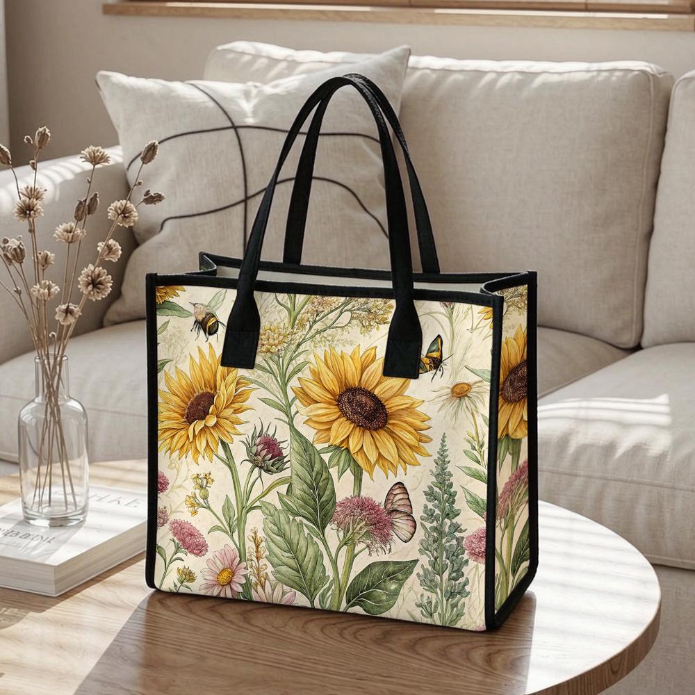 Sunflower Bee Print Tote Bag Lady Fashion Casual Handbag Vintage Floral Pattern Shoulder Bag for Daily Use