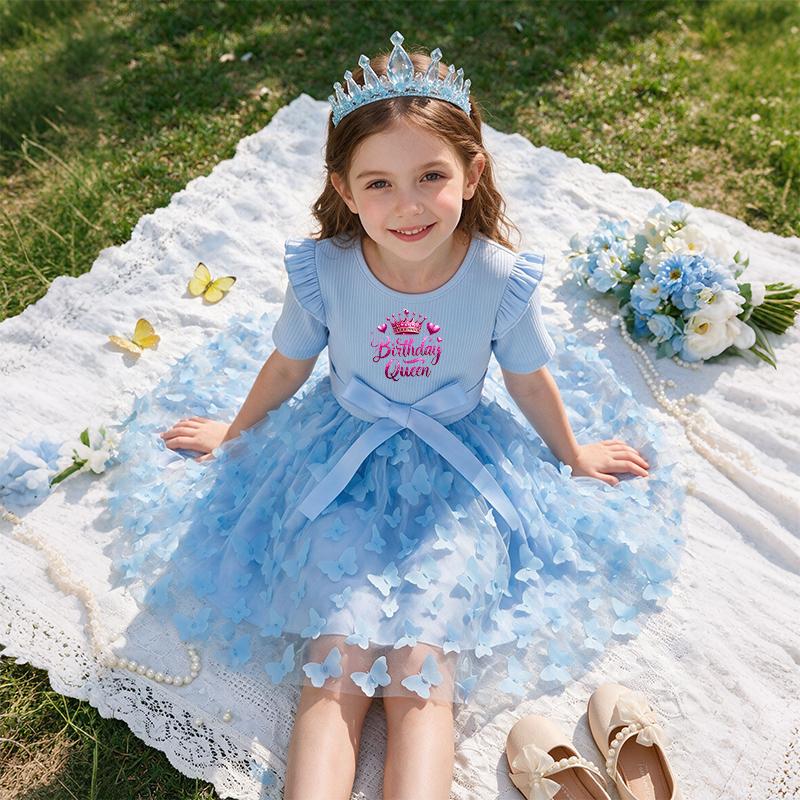Girls Butterfly Tulle Dress, Crown Embroidery,Cute Princess Party Dress with Bow, Short Sleeve Summer Dress for Little Girls