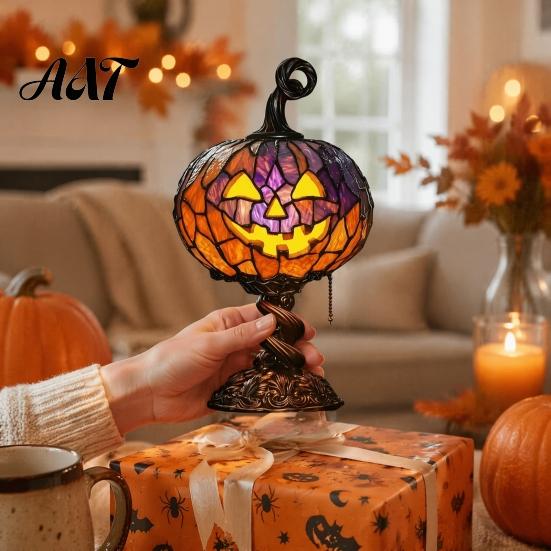 Cozy Ambient Lighting Stained Glass Halloween Pumpkin Table Lamp, USB Powered Resin Night Light with Vintage Style Shelf Ornaments Warm Glow,