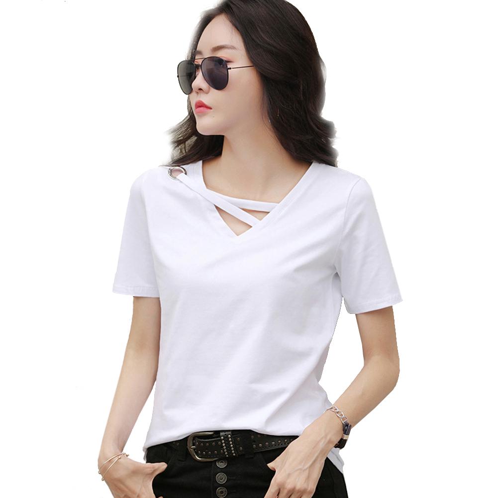 Женская летняя рубашка свободного кроя с V-образным вырезом и короткими рукавами, однотонная повседневная рубашка