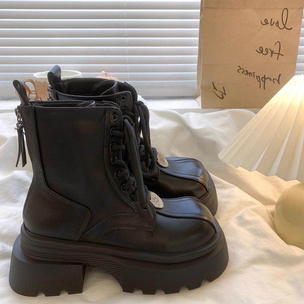 Martin Boots Women's Autumn New Spice Girl Square Head Big Head Lace-up Thick Sole Heightening Autumn and Winter Velvet Boots