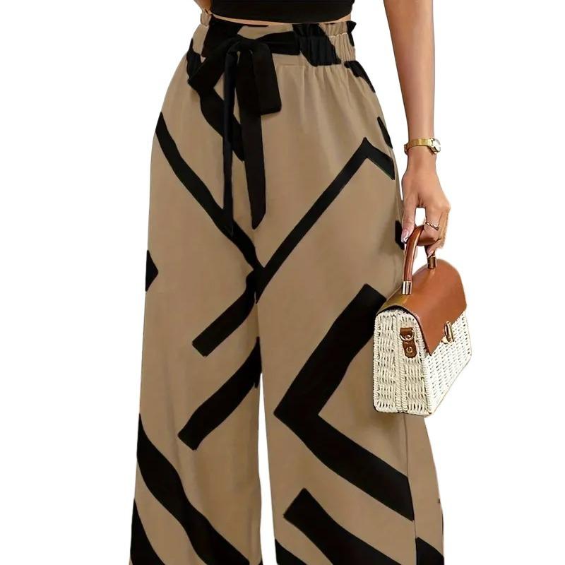 Women Wide Leg Pants Fashion Striped Print Pantalones Spring Summer Casual Loose Lace Up Traf Clothing