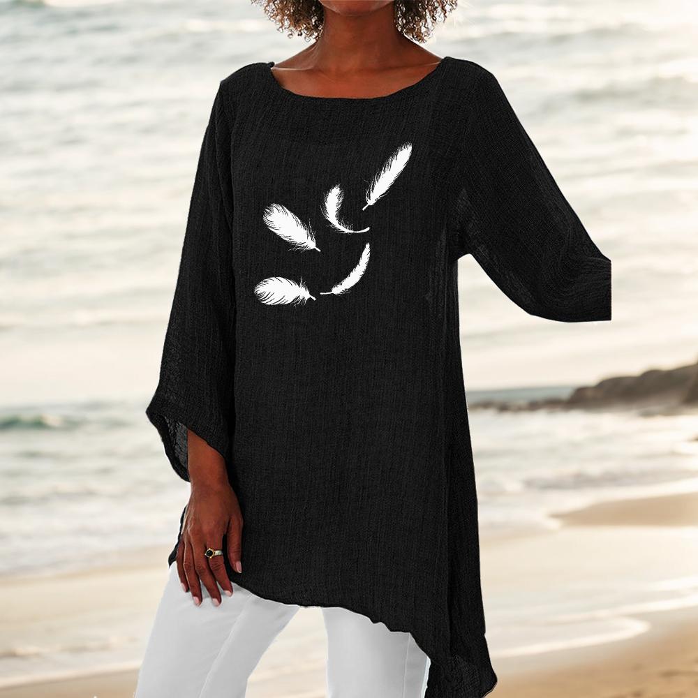 Women Fashion 3/4 Sleeve Top Round Neck Print Plus Size Blouse Thin Cotton Linen Shirt