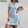 Женская мода лето весна сплошной цвет печати короткий рукав ПОЛО шеи Высокая талия повседневные платья