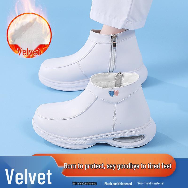 Women's Fleece-Lined Nurse Shoes: Soft Sole, Air Cushion Ankle Boots, Thick Sole, Height-Increasing, Winter Medical Work Shoes.