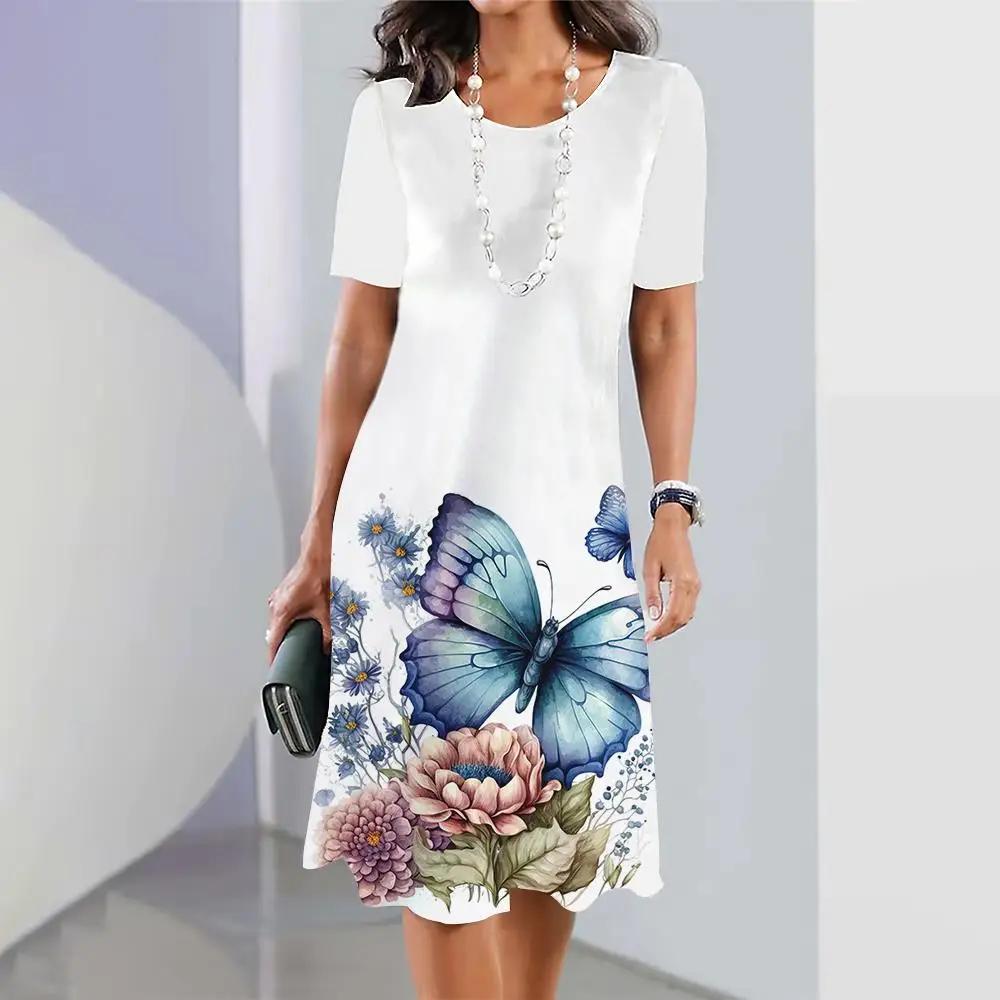 Платья для женщин больших размеров с принтом в виде 3D-бабочки и цветов Элегантная одежда с короткими рукавами Платье А-силуэта в стиле ретро Цветная одежда