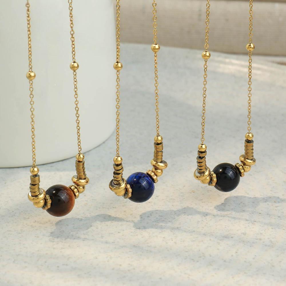 GEMCHIC Women's Vintage Geometric Stone Pendant Necklace, Minimalist Gold Chain with Tiger Eye, Lapis Lazuli or Onyx Bead for Daily and Commuter Style