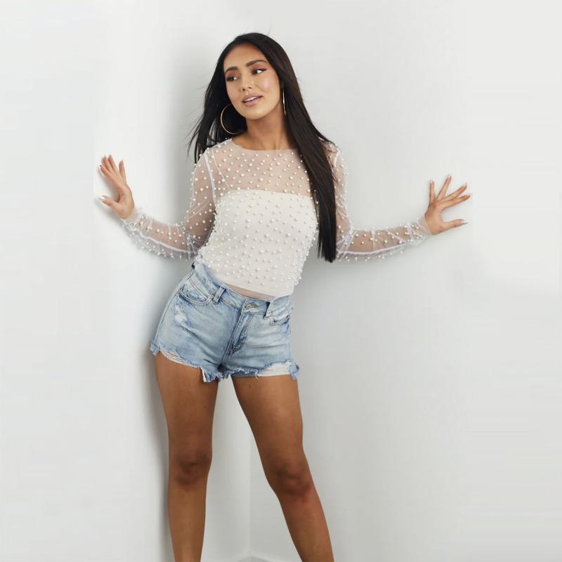 Весенние и летние женские прозрачные сетчатые топы с длинными рукавами и отделкой из бисера