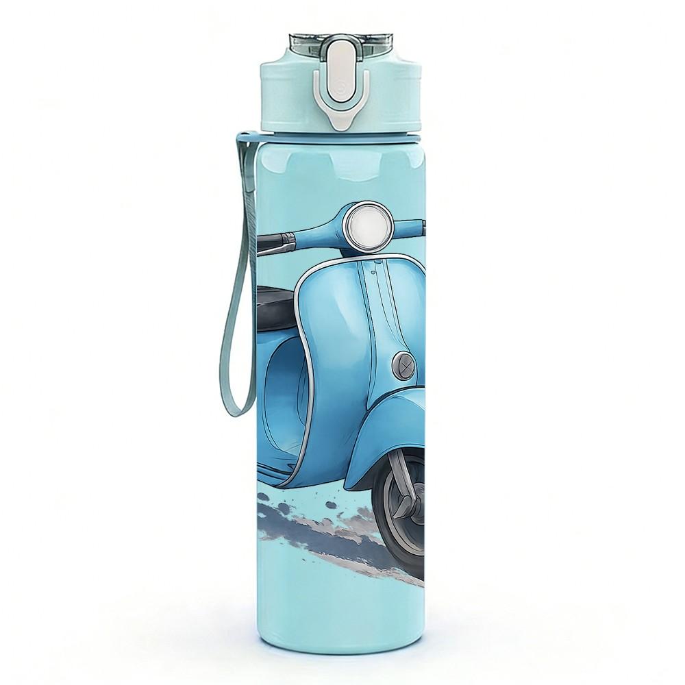 1PC Retro Blue Scooter 750ml Color Plastic Sports Water Bottle Leakproof Flip Straw Lid Suitable for Sports Office Home Use