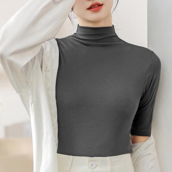 Summer Tops Turtleneck Solid Color Half Sleeve Slim Fit Smooth Wear