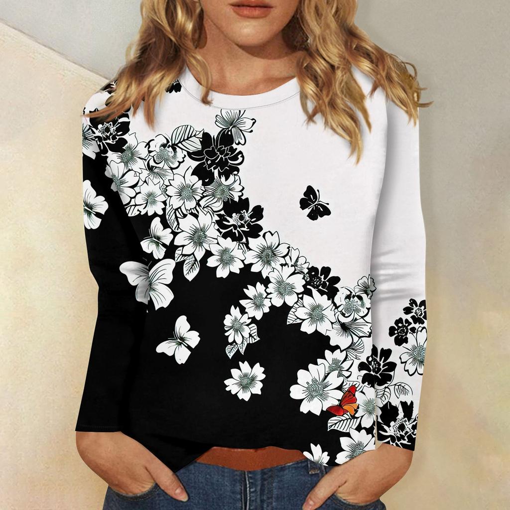 Женский модный повседневный пуловер с круглым вырезом и длинным рукавом с цветочным принтом