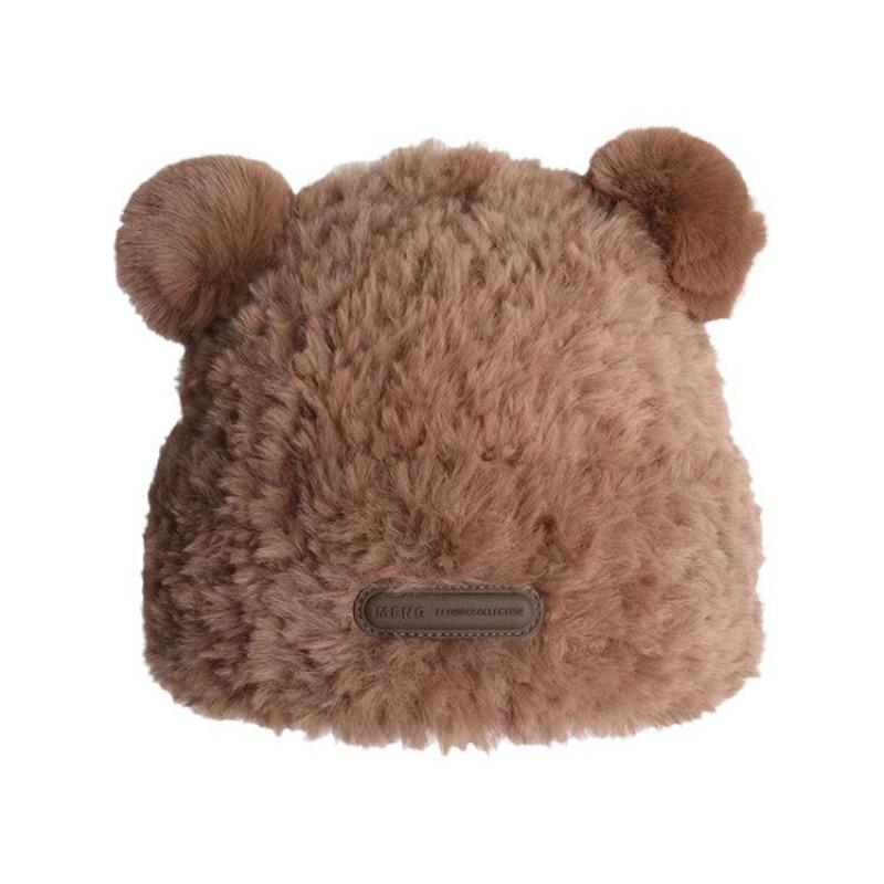 Милая шерстяная шапка с мишкой женская зимняя плюшевая теплая пушистая осенне-зимняя шапка вязаная для большого обхвата головы