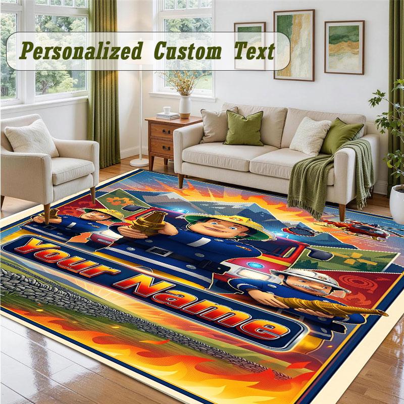 Crystal Velvet Square Rug Custom NameFireman Sam Pattern Non Slip Home Floor Decor Rug