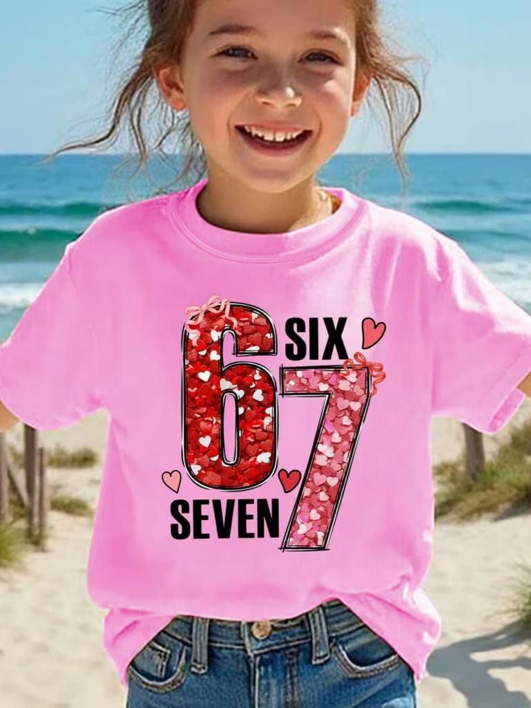 Valentine 67 Six Seven Meme Print T-Shirt 67 Number Round Neck Cute Casual Short Sleeve Comfortable T-Shirt Children's Clothing