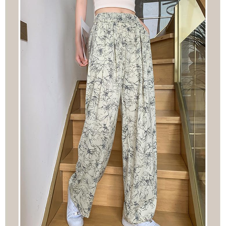 Ice Silk Wide-legged Pant Women's Summer High-waisted Drape Loose Lazy Ink Zen Straight Casual Sun Trousers