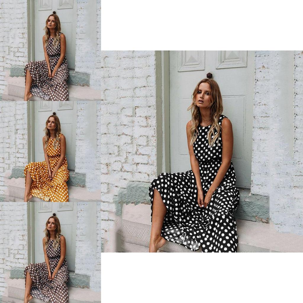 Стильное женское платье макси без рукавов в горошек, идеально подходящее для летних пляжных каникул