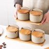 Japanese Ceramic Seasoning Jar Set Bamboo Lid Spice Jar with Spoon Household Kitchen Sugar Salt Spices Storage Box Container