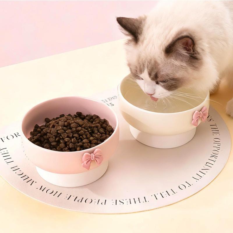 Cute Large Capacity Ceramic Cat Bowl Macaron Colors Non-Slip Base Elevated Pet Bowl with Bow Pet Feeding Bowl for Puppy Cats