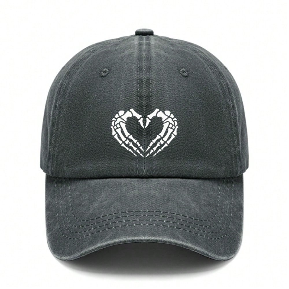 [Skeleton Heart Baseball Cap] Unisex Vintage Washed Print Polyester Adjustable Breathable Casual Streetwear Daily Wear Baseball Hat - Dad Cap