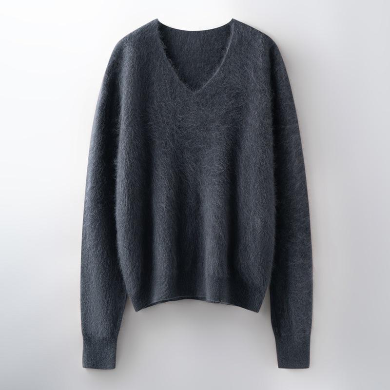 V-Neck Wool Cashmere Loose Brushed Sweater - Solid Color, Versatile, and Skin-Friendly Knitwear