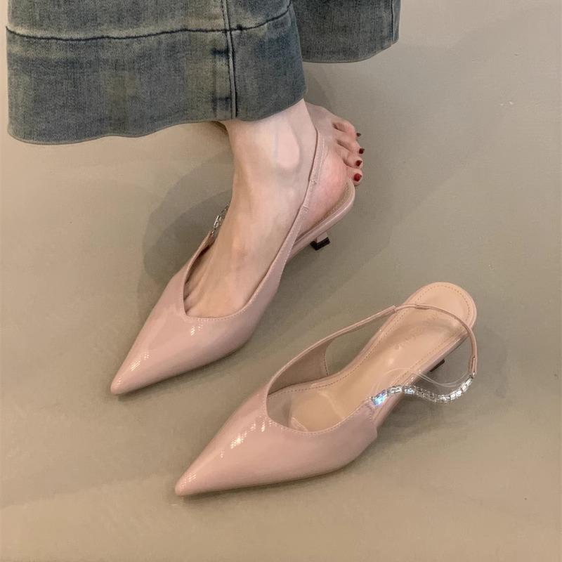 French celebrity high heels 2025 spring and summer temperament elegant rhinestone pointed head shallow mouth thin heel bag head empty sandals