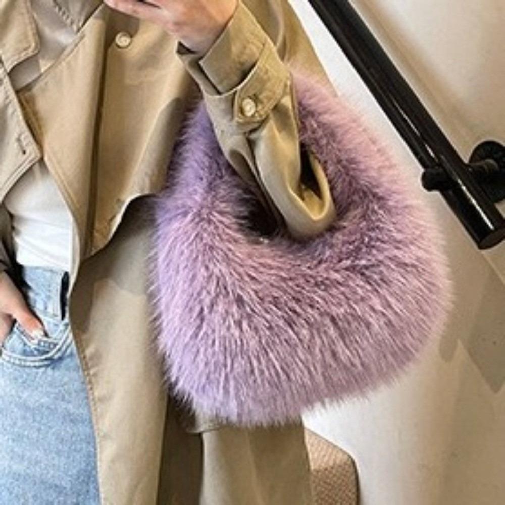 Elegant Faux Furry Texture Purse Half Moon Shape Tote Bag Trend Plush Clutch Handbags Winter