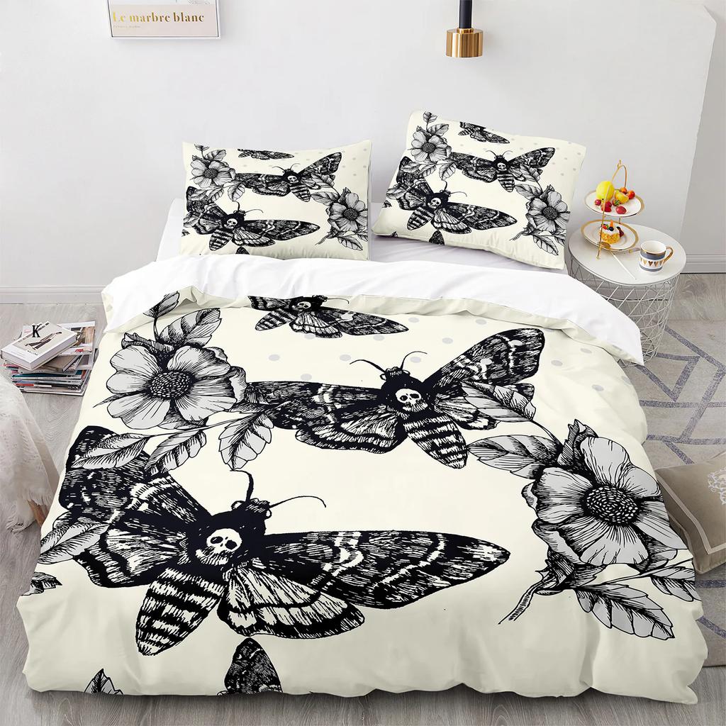 Комплект постельного белья Death Moth Queen Size Gothic Skull Boho, черно-белый декоративный мягкий комплект постельного белья с изображением скелета