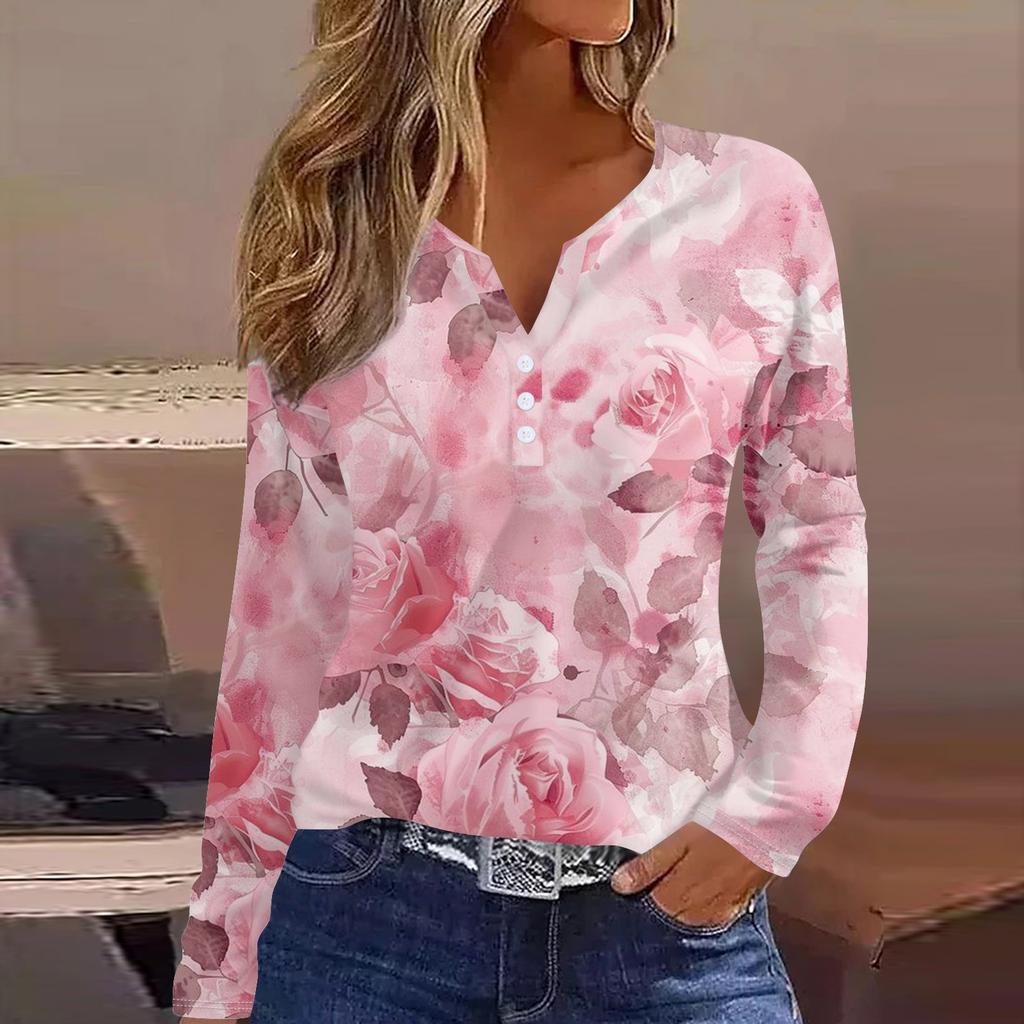 Женская модная повседневная футболка с v-образным вырезом и длинным рукавом с принтом, топ на пуговицах