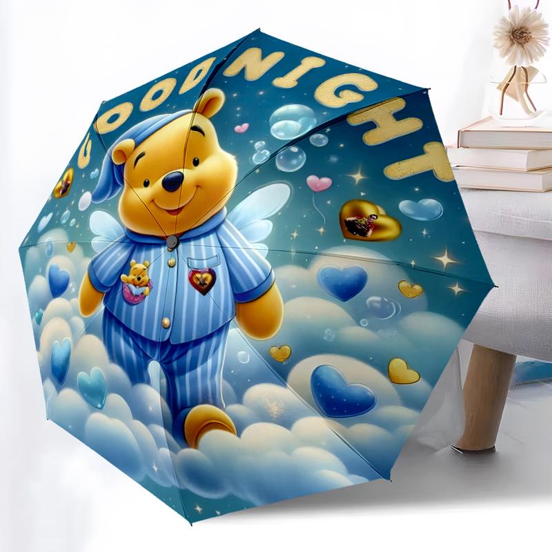 1pc Sturdy 8-Bone Auto Umbrella, Pooh Bear Rainbow Floral Umbrella, Digital Printed, Foldable Umbrella for On-the-Go Outdoor Use