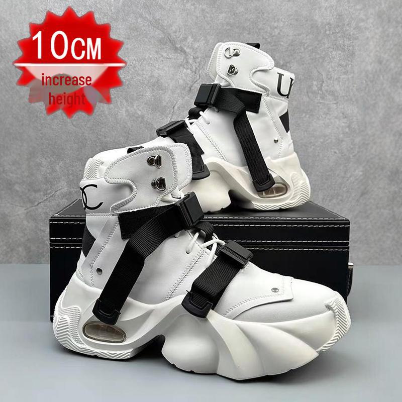 2024 Men's White High-Top Shoes with 12cm Invisible Height Increase, Air Cushion, Thick Sole, Fashionable Dad Sneakers